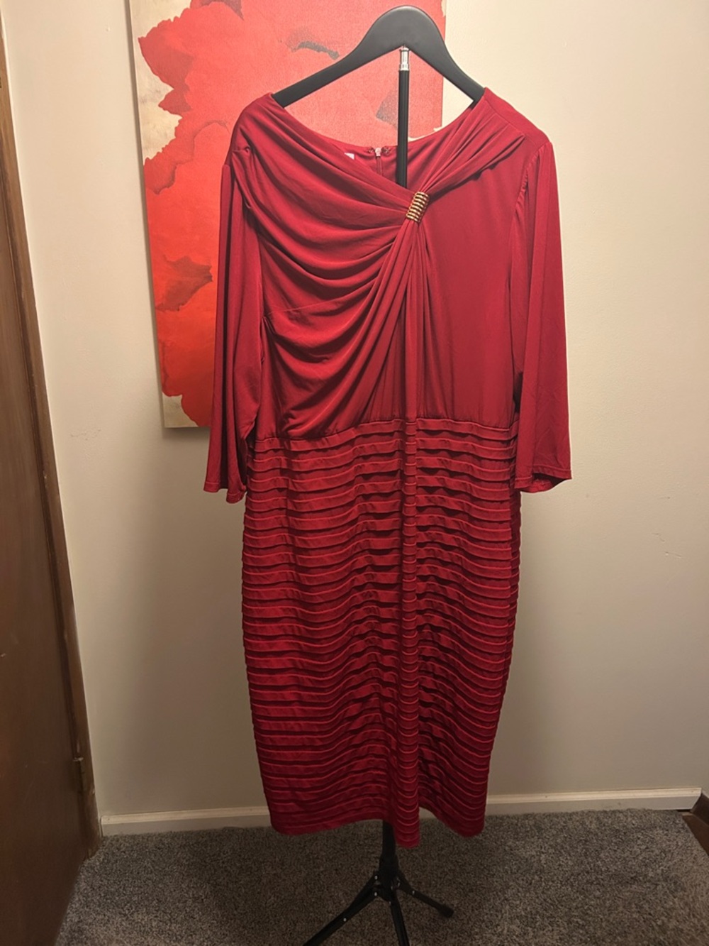 London Times Red Draped Midi Dress with Knot Detail